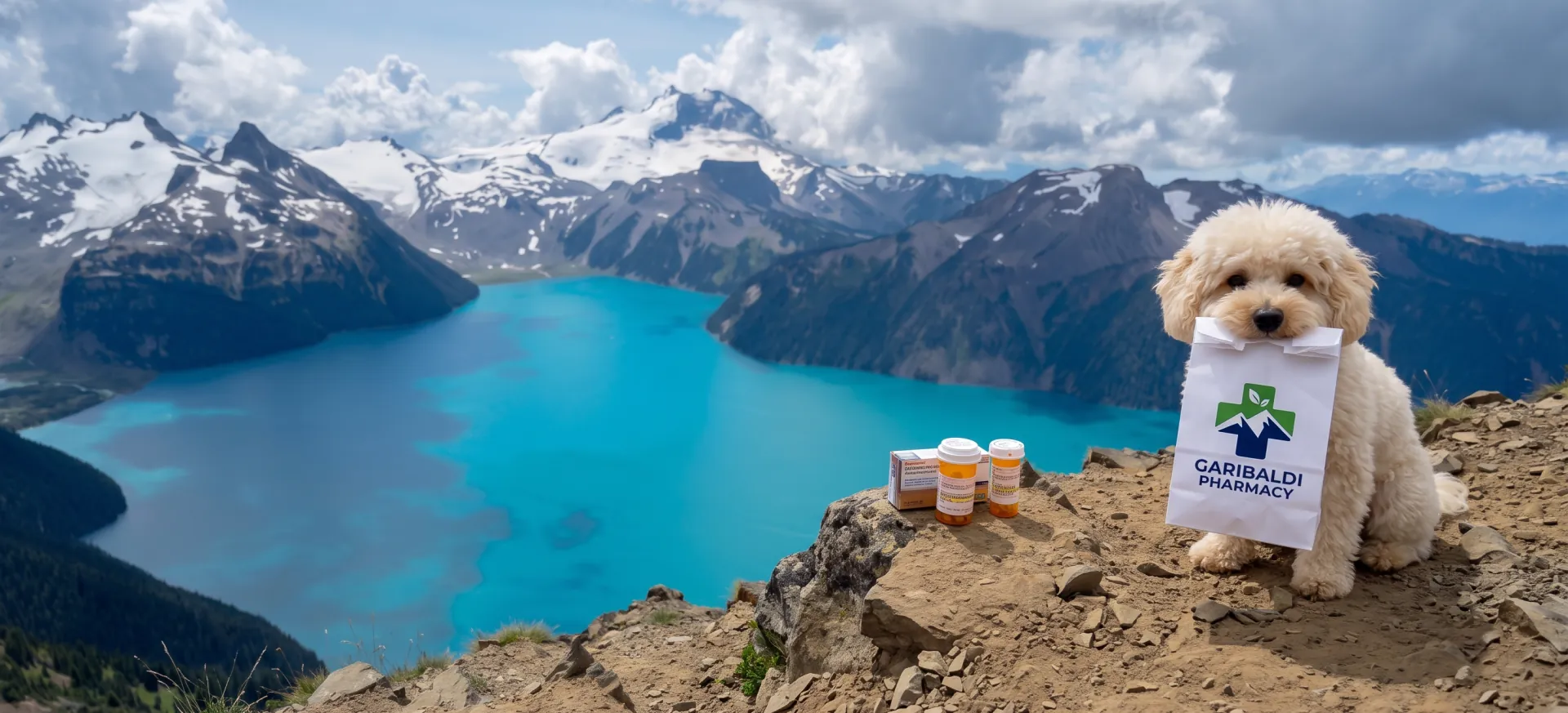A toy poodle holding a prescription bag on top of Garibaldi Lake overlooking Garibaldi Mountain in Squamish